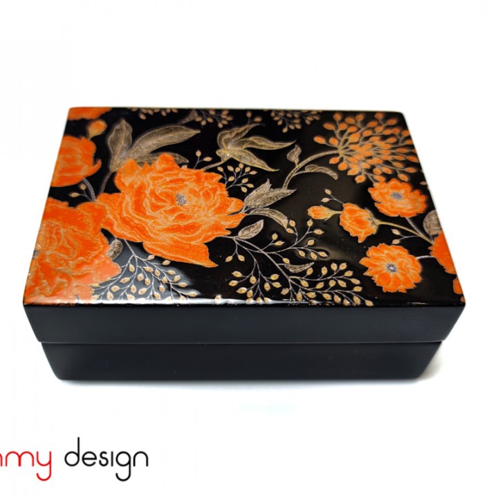 Black rectangle lacquer business card box with orange rose pattern 10*7*H4 cm